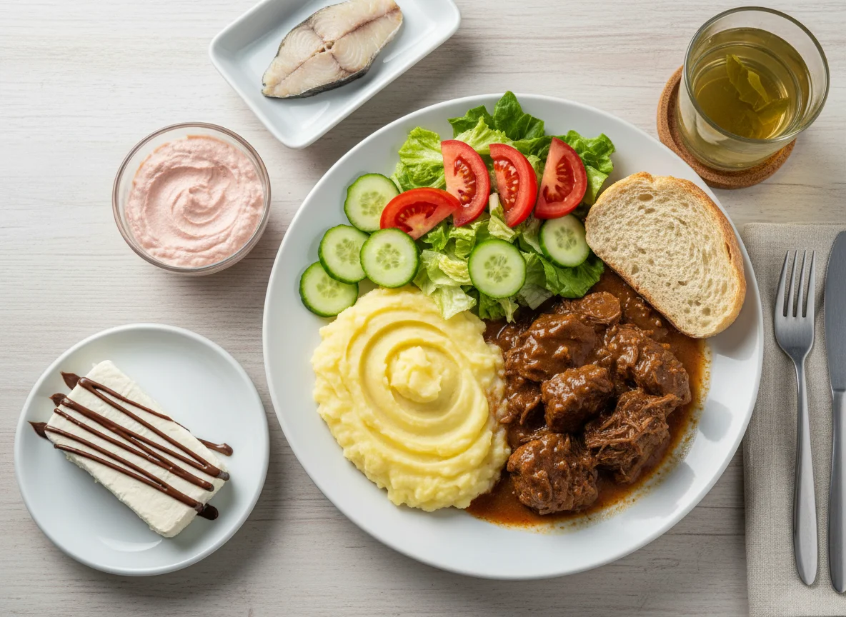 Refeição com puré de batata, carne e salada photo