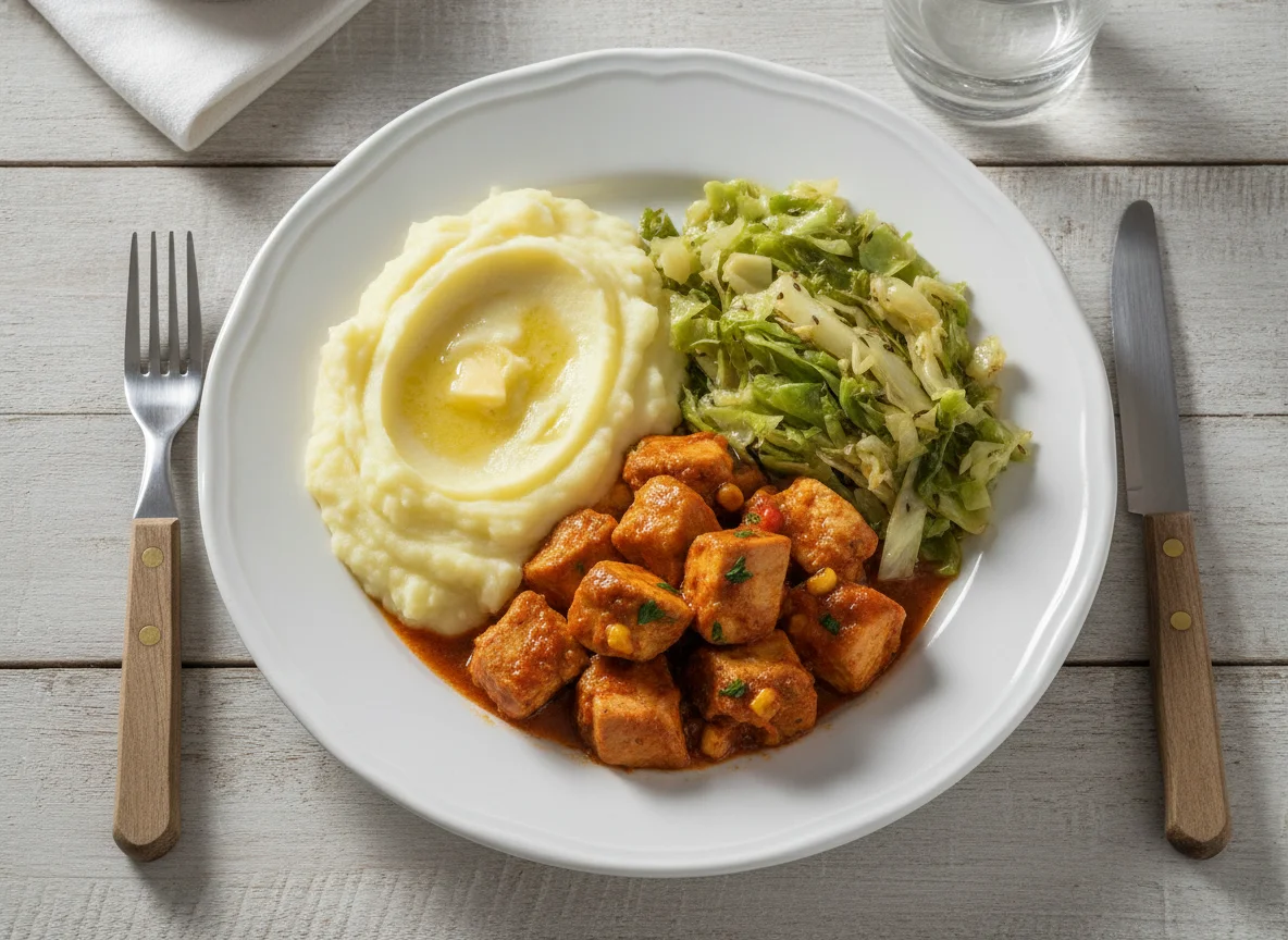 Refeição com purê de batata, frango e repolho refogado photo