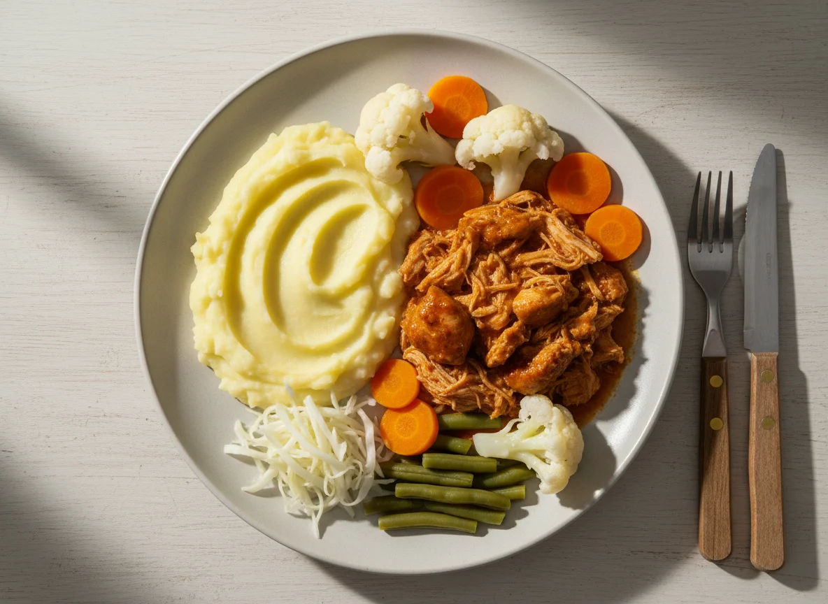 Refeição com puré de batata, frango e salada photo