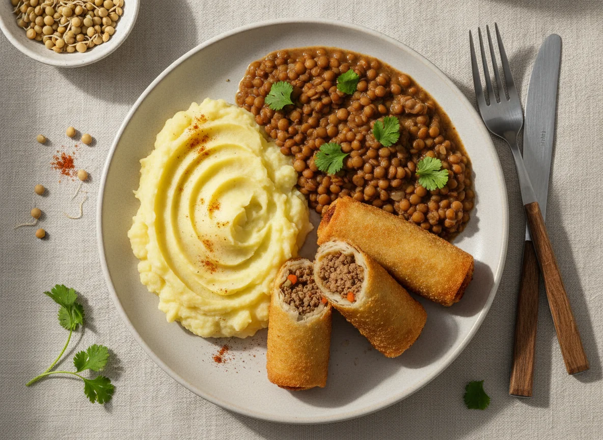 Refeição com purê de batata, lentilha e rolinhos photo