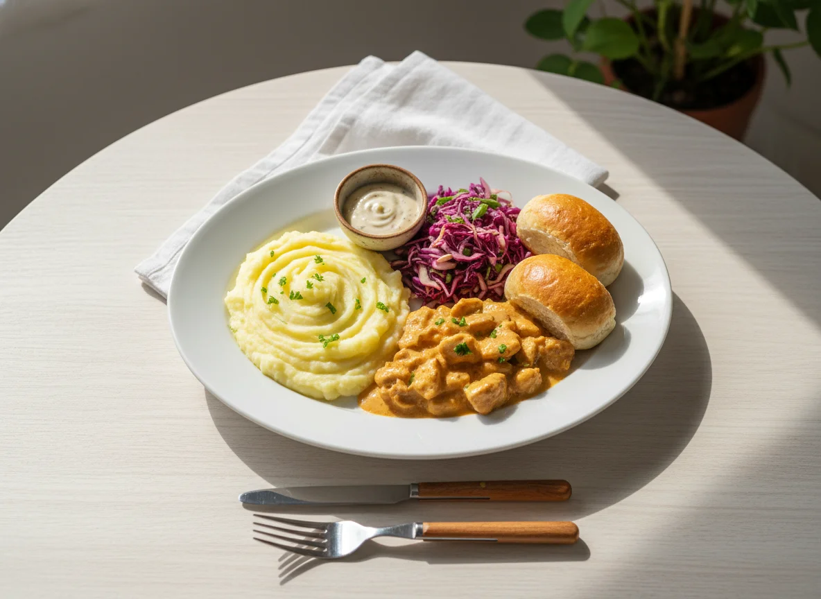 Refeição com purê de batatas, estrogonofe de frango, salada e pães photo