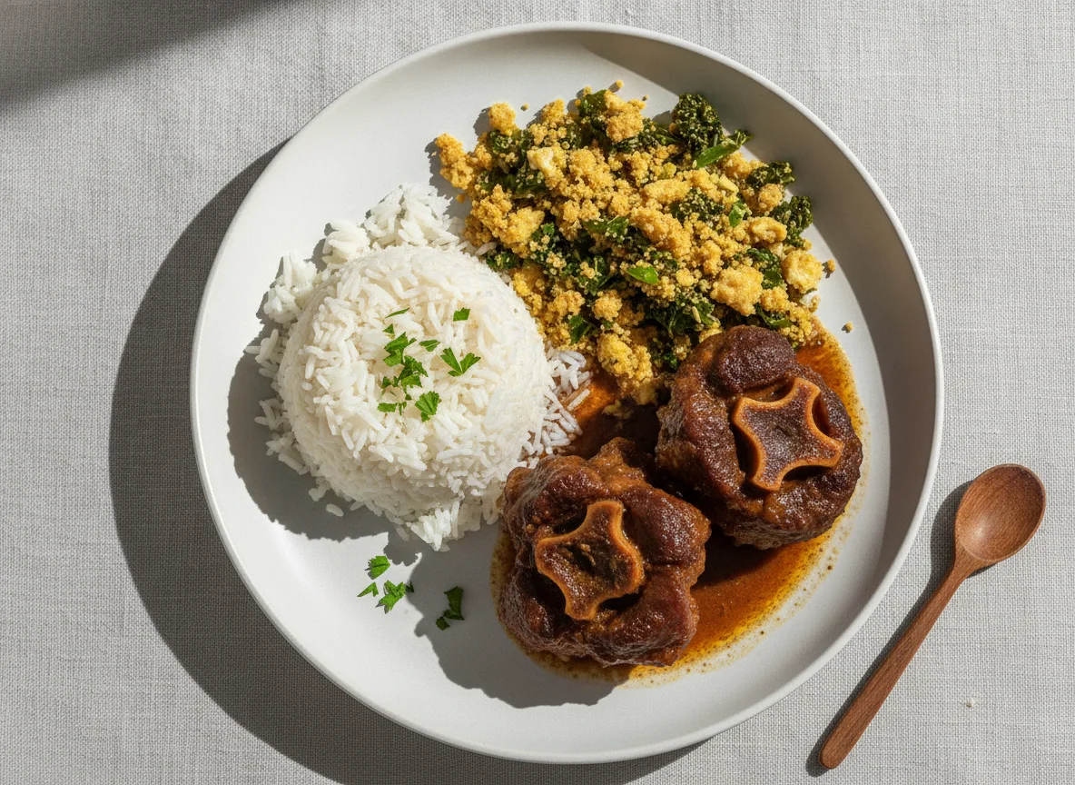 Refeição com rabada, arroz e farofa de couve photo