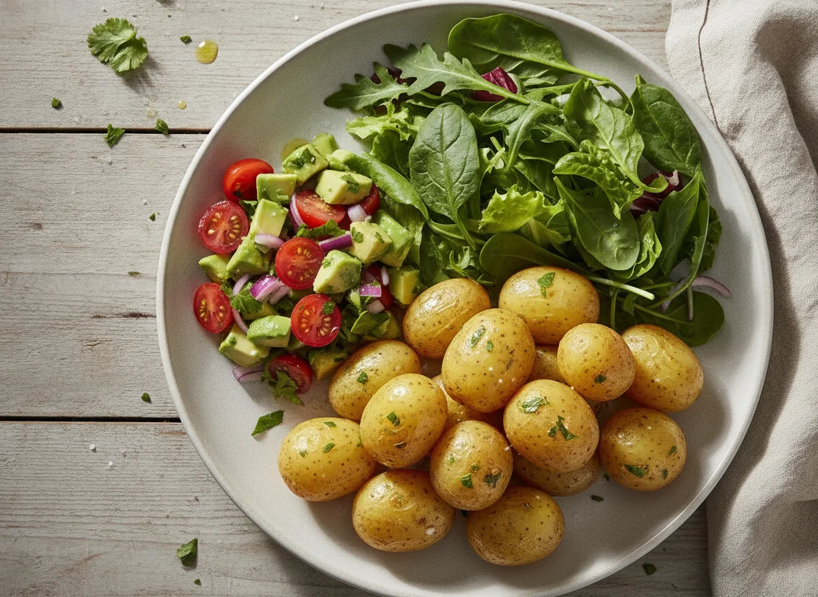 Refeição com salada, batatas e vinagrete de abacate photo