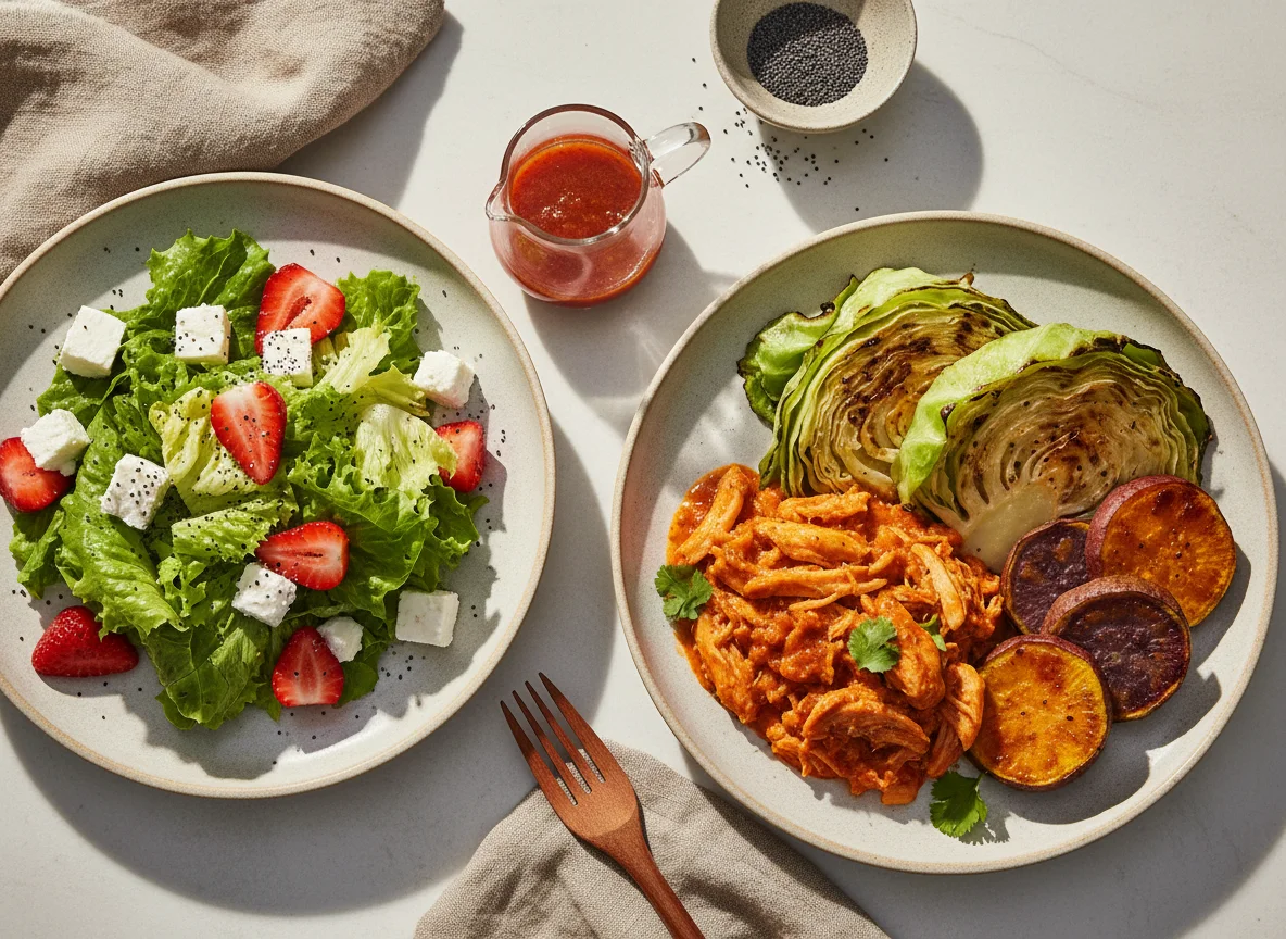 Refeição com salada e prato principal photo