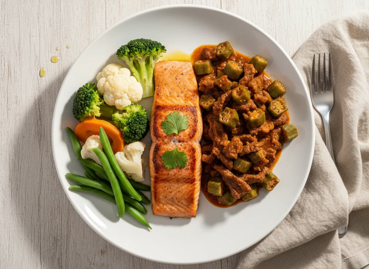 Refeição com salmão, carne, quiabo e vegetais photo