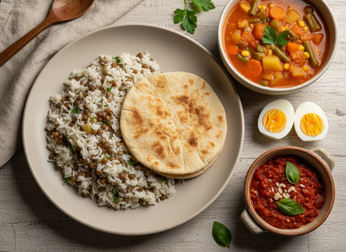Refeição com sopa, arroz e molho photo