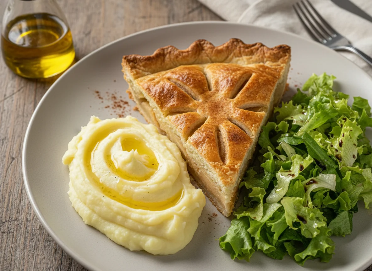 Refeição com torta, salada e puré photo