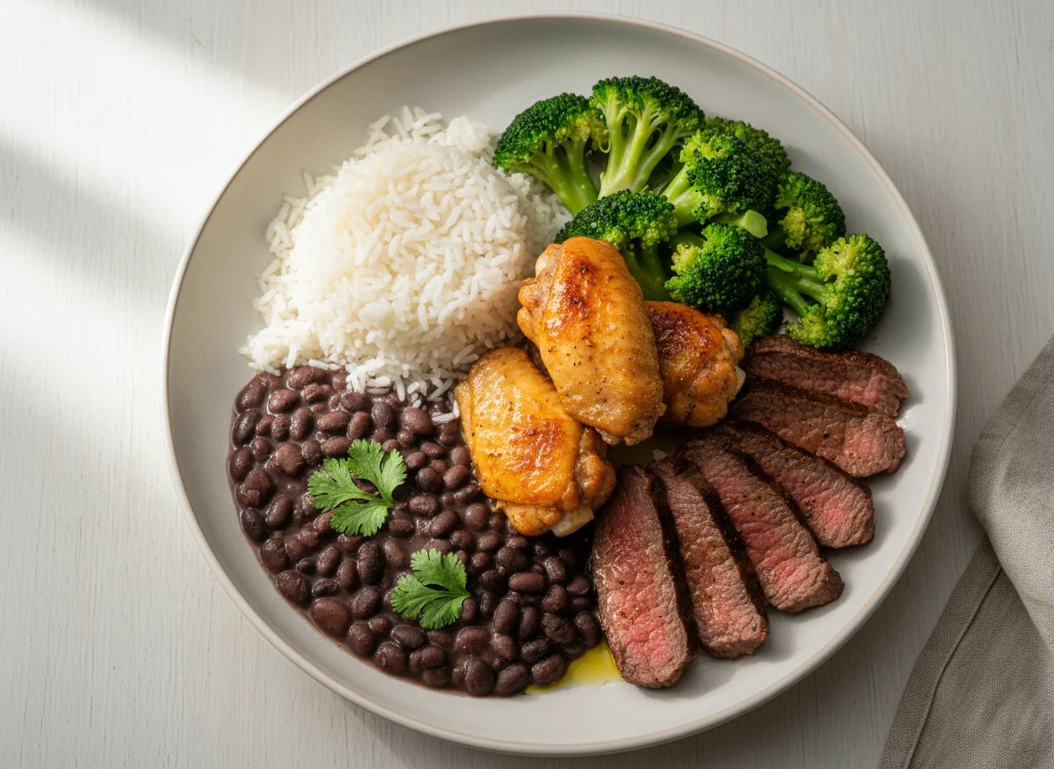 Refeição completa com arroz, feijão, brócolis e carnes photo