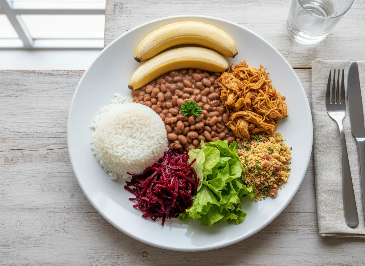 Refeição completa com arroz, feijão, frango, salada e banana photo