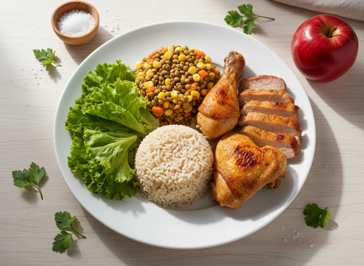 Refeição completa com arroz integral, salada de lentilha e frango assado photo