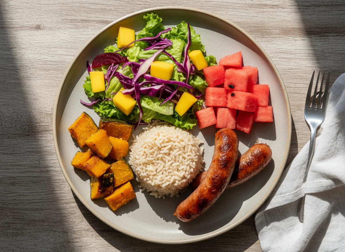 Refeição completa com arroz, salada, abóbora, linguiça e melancia photo