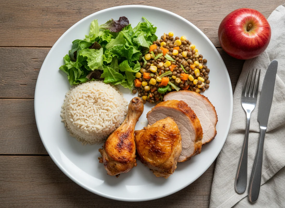Refeição completa com arroz, salada e carnes photo