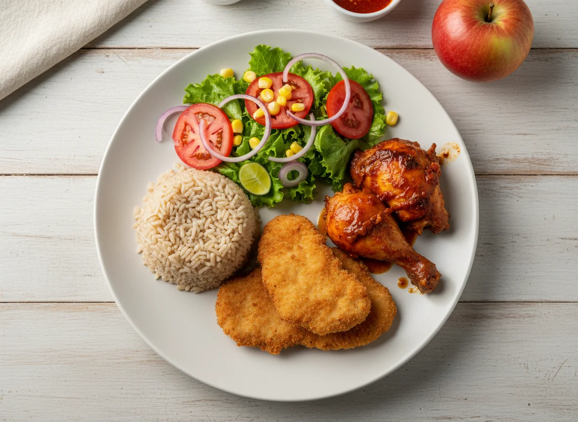 Refeição completa com arroz, salada, frango e maçã photo