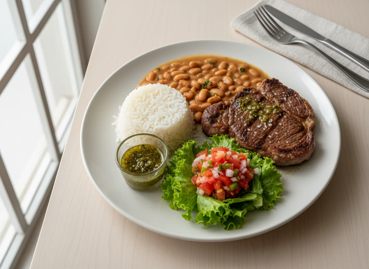 Refeição completa com bife e acompanhamentos photo