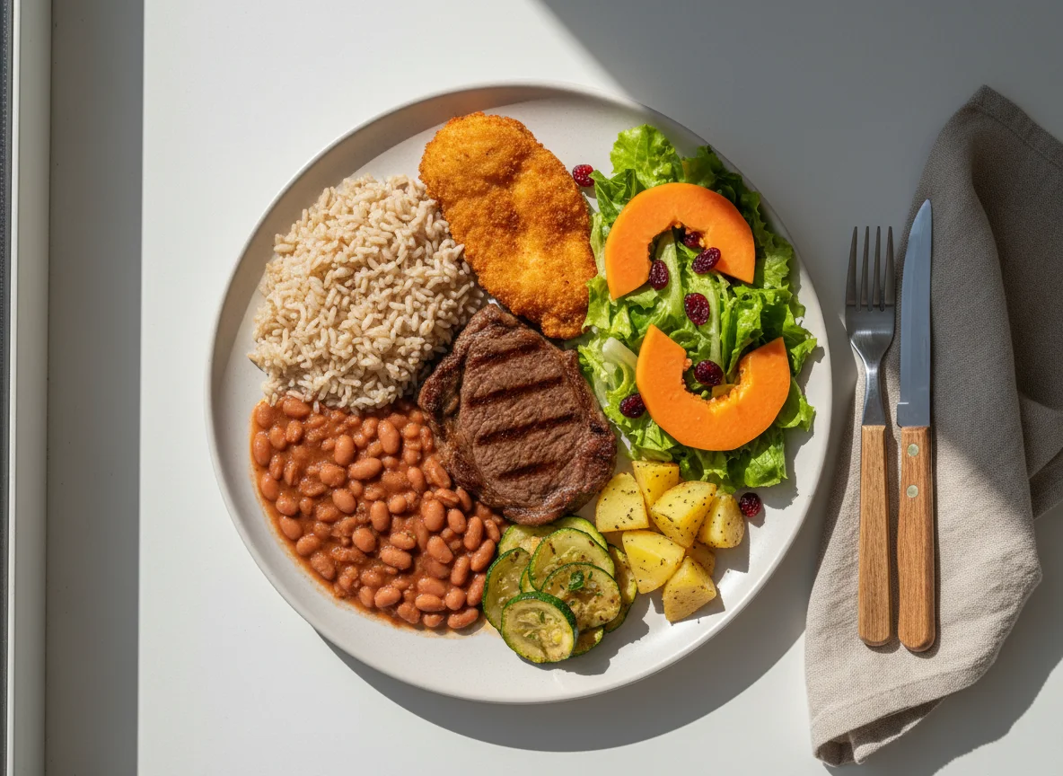 Refeição completa com carne, arroz, feijão e salada photo