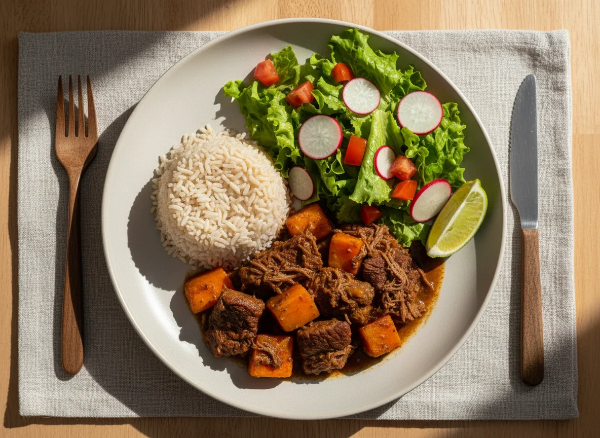 Refeição completa com carne, arroz integral e salada photo