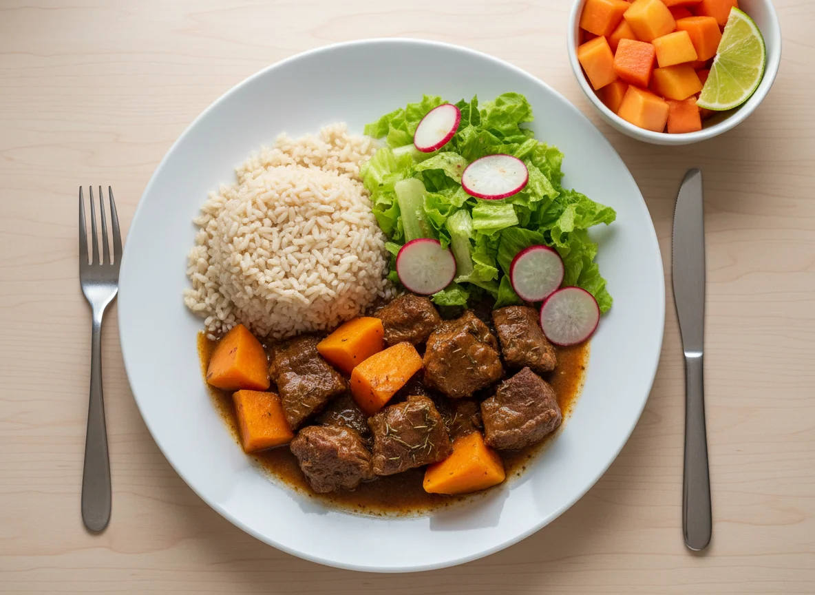 Refeição completa com carne, arroz, salada e salada de frutas photo