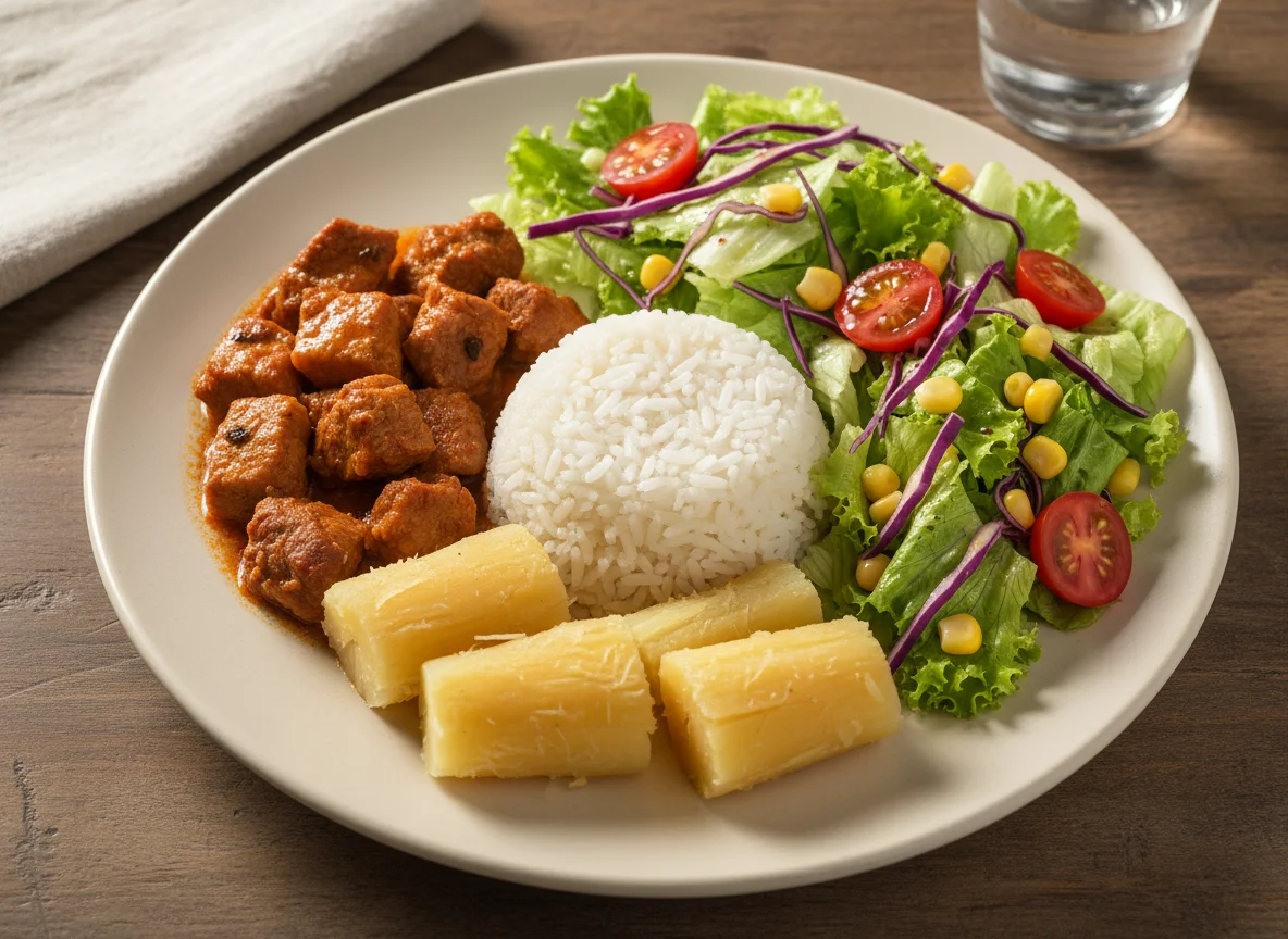 Refeição completa com carne de porco, arroz, mandioca e salada photo