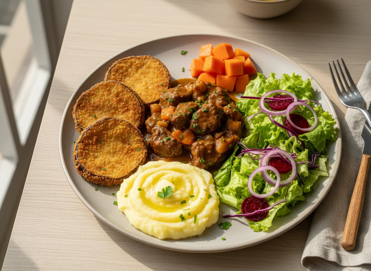 Refeição completa com carne e acompanhamentos photo