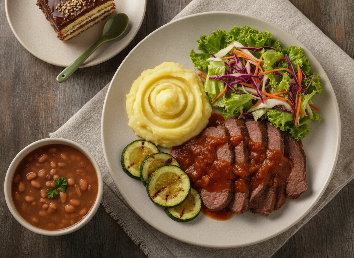 Refeição Completa com Carne, Purê, Salada, Feijão e Sobremesa photo