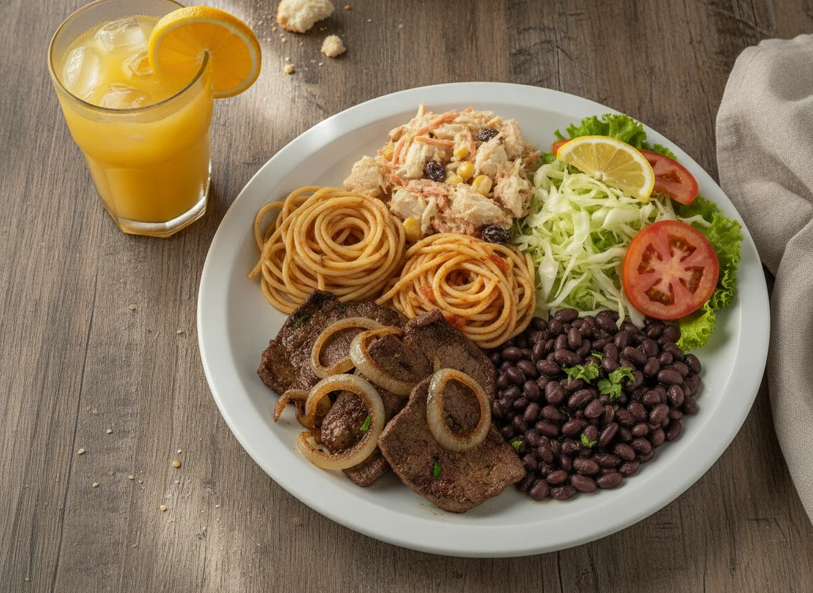 Refeição Completa com Fígado, Macarrão e Salada photo