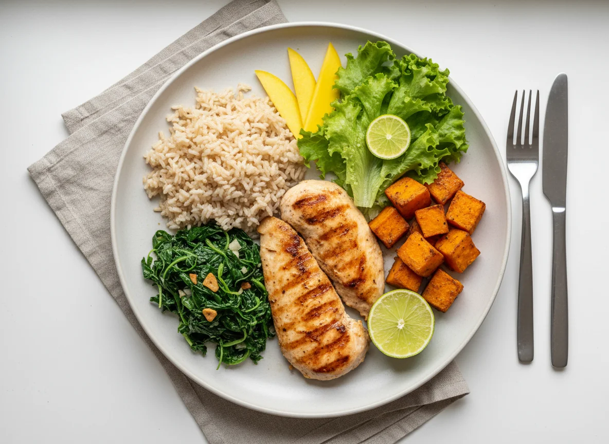 Refeição completa com frango grelhado e acompanhamentos photo