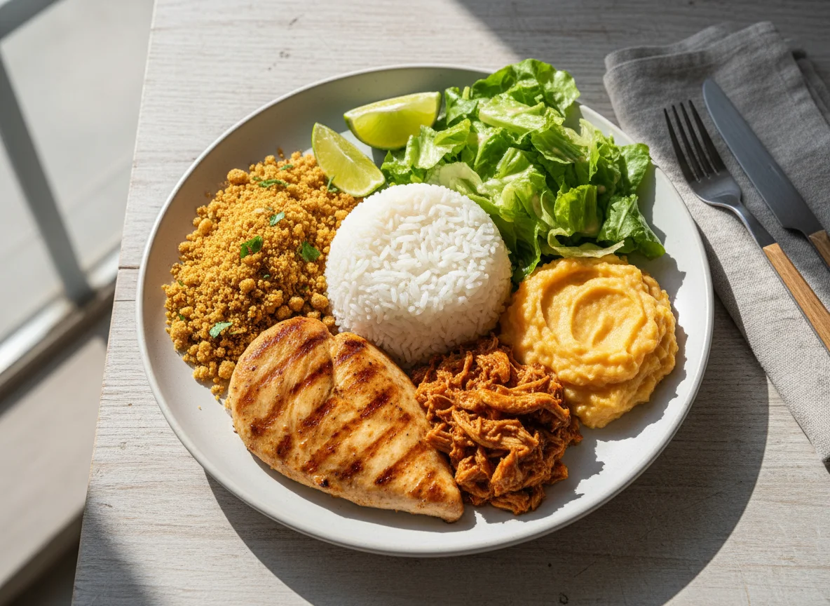 Refeição completa com frango, purê, arroz, farofa e salada photo