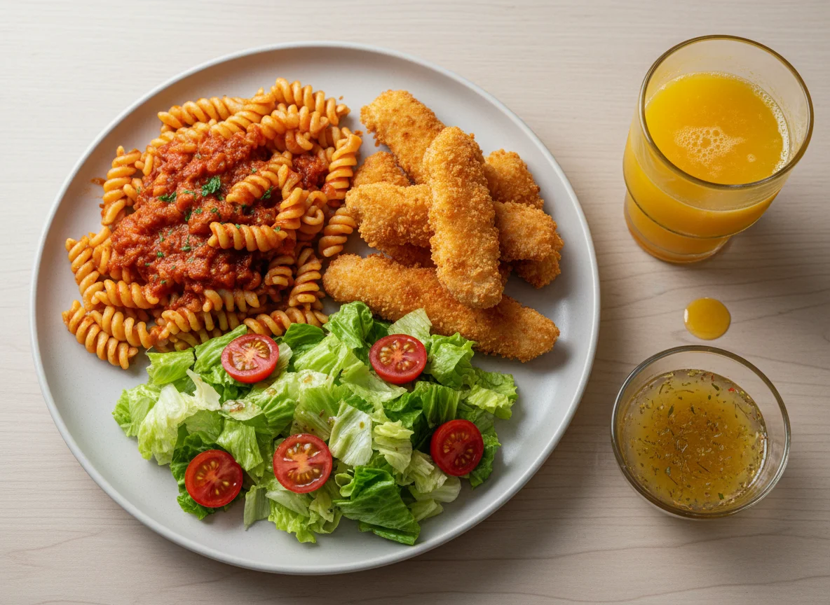 Refeição completa com massa, frango e salada photo