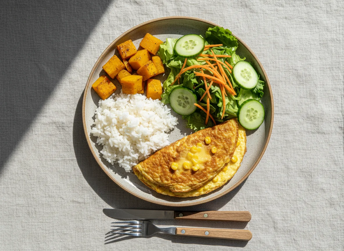 Refeição completa com omelete e salada photo