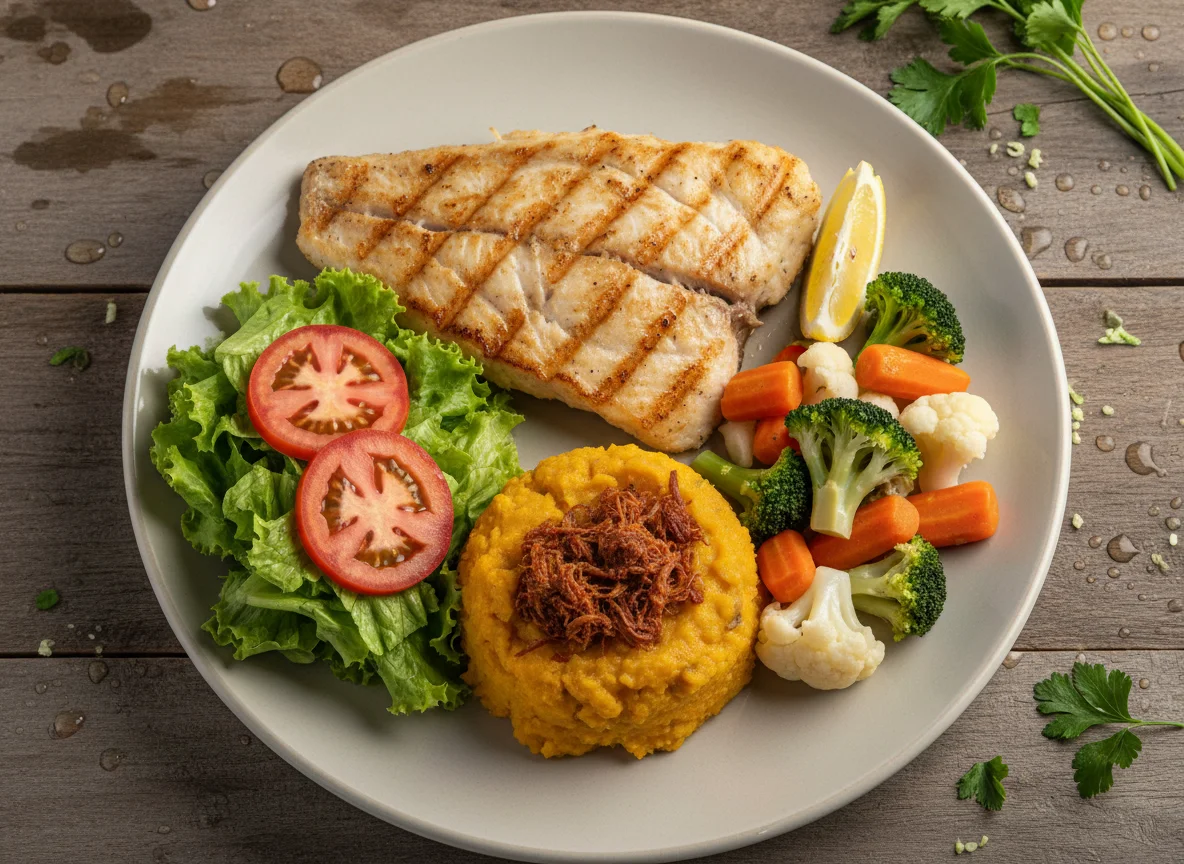 Refeição completa com peixe grelhado e legumes photo