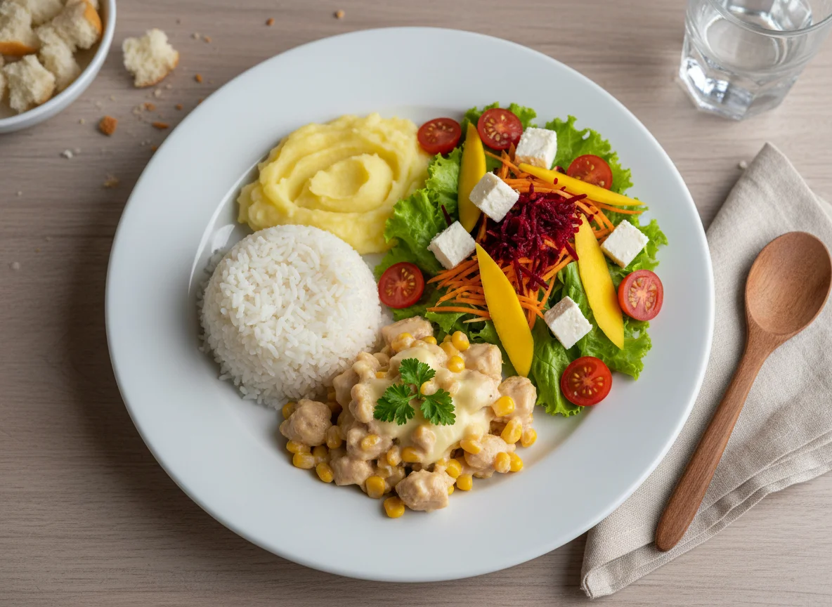 Refeição completa com salada e frango cremoso photo