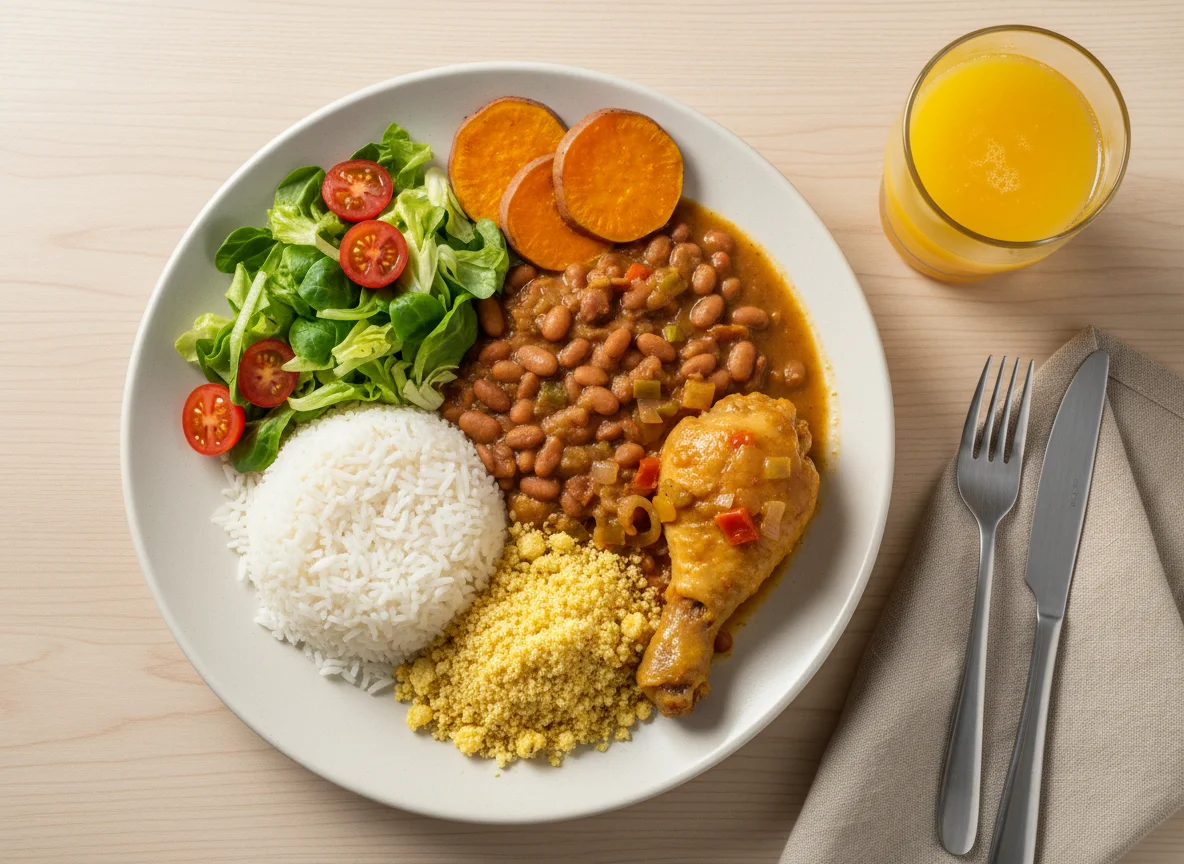 Refeição completa com salada e suco photo