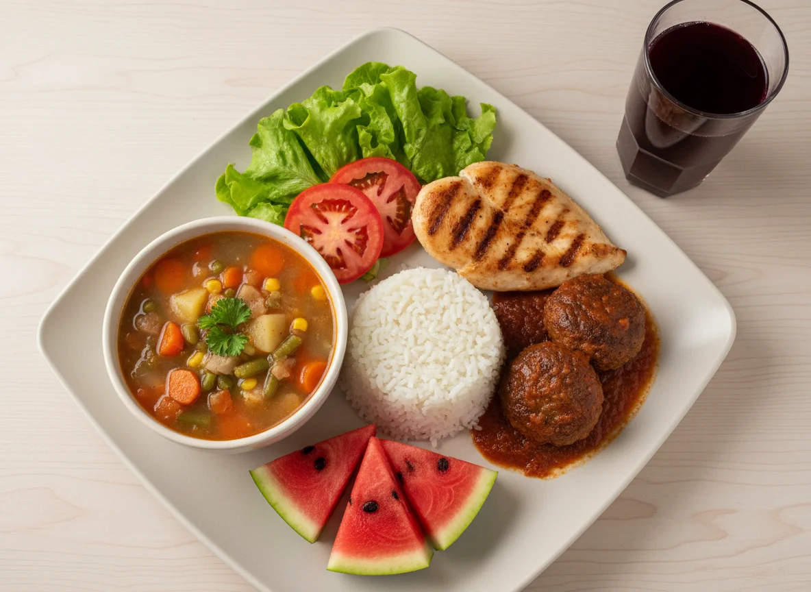 Refeição completa com sopa e sobremesa photo