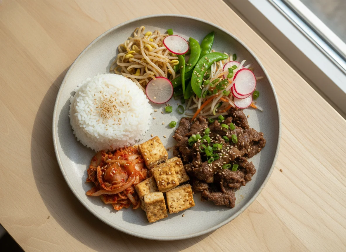 Refeição Coreana com Arroz e Acompanhamentos photo
