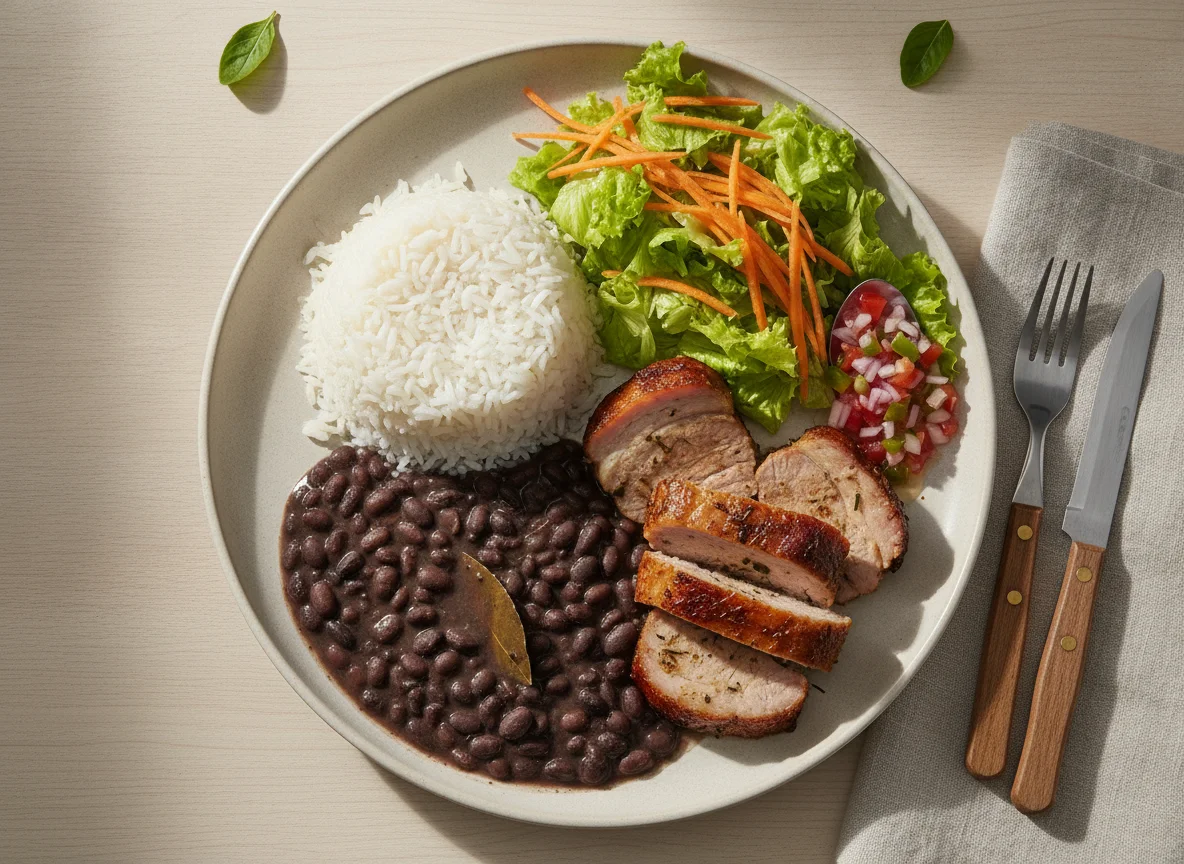 Refeição de Arroz, Feijão Preto, Carne de Porco e Salada Mista photo
