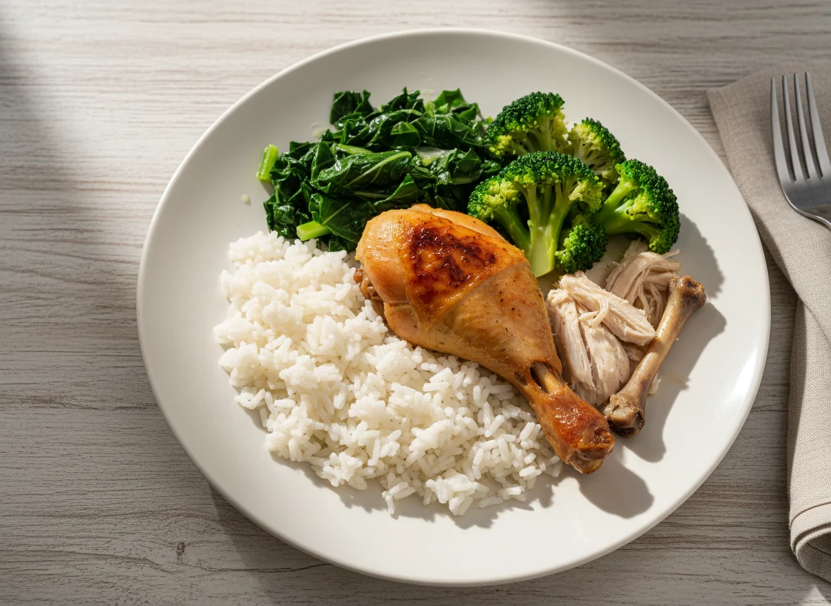Refeição de frango com arroz e vegetais photo