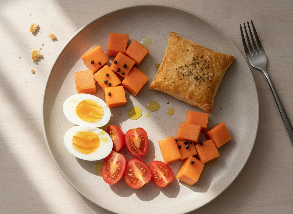 Refeição equilibrada com ovo, tomate, papaia e massa folhada photo