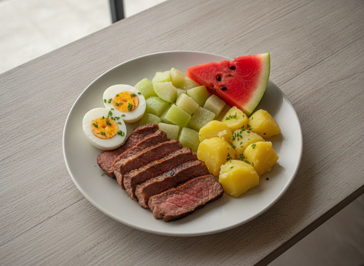 Refeição equilibrada com ovos, carne, chuchu, batata e melancia photo