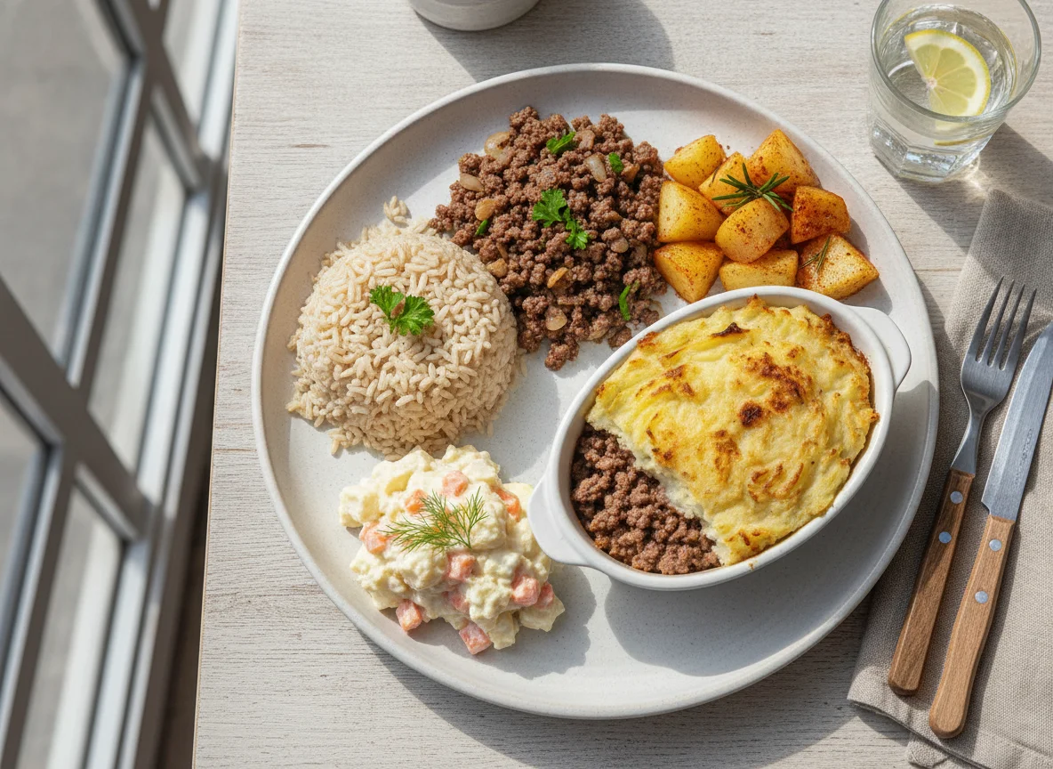 Refeição Executiva com Arroz, Carne Moída e Salada de Maionese photo