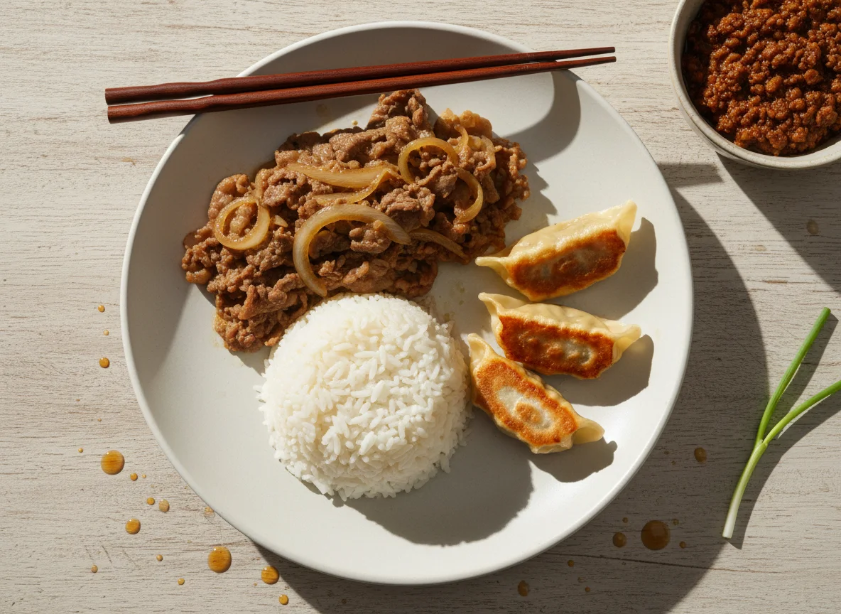 Refeição Japonesa com Gyudon e Gyoza photo