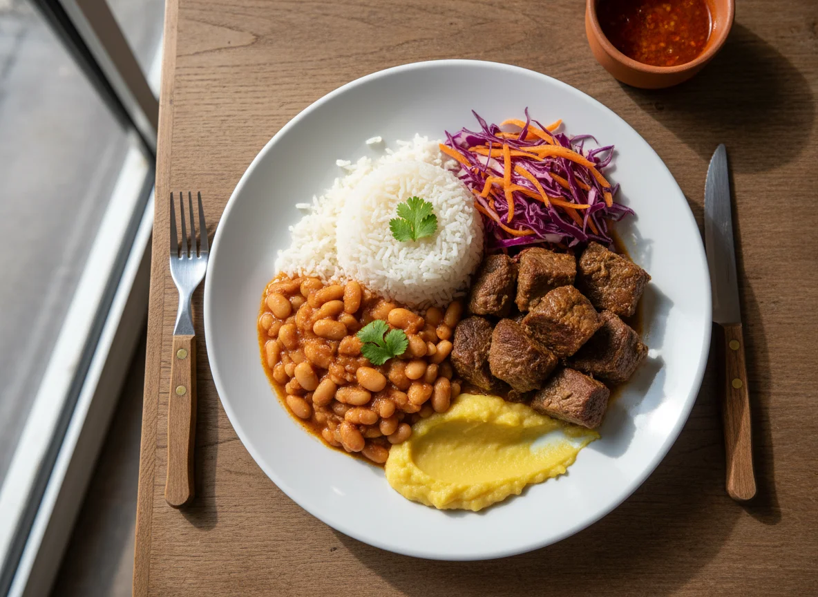 Refeição mista com arroz, feijão, carne e salada photo
