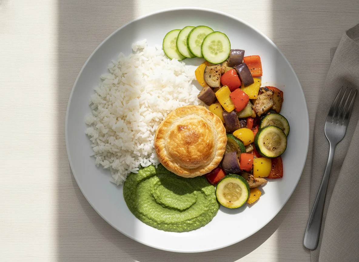 Refeição mista com arroz, legumes e puré de espinafres photo