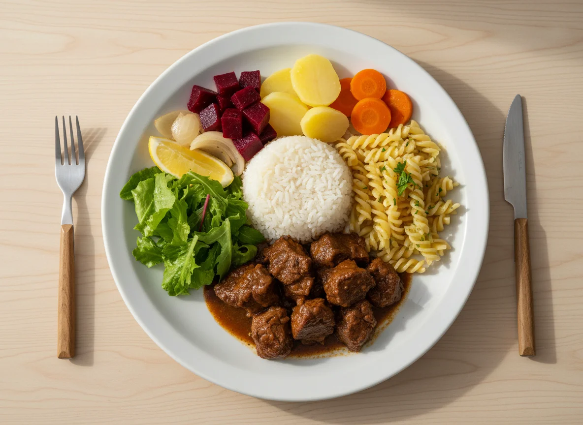 Refeição mista com carne, arroz, massa e salada photo