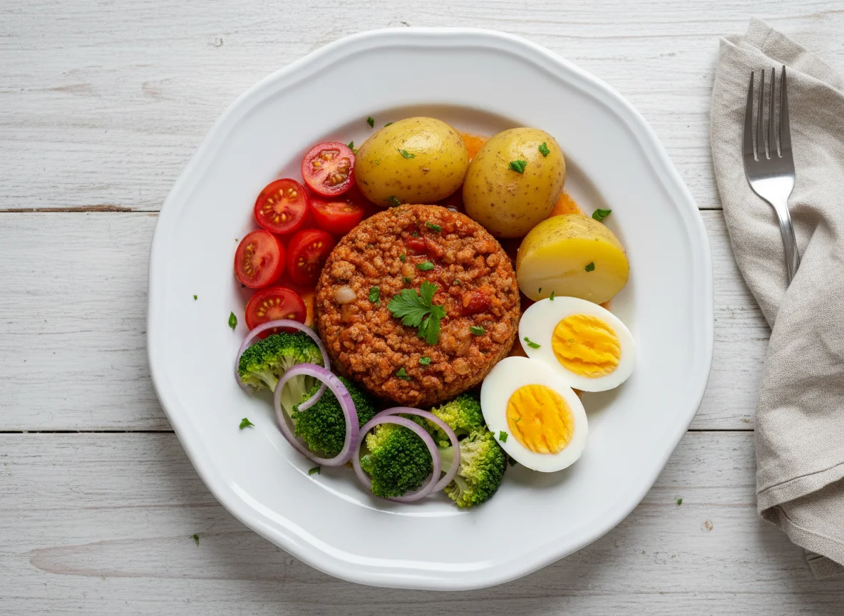 Refeição mista com carne moída, batatas e ovos photo
