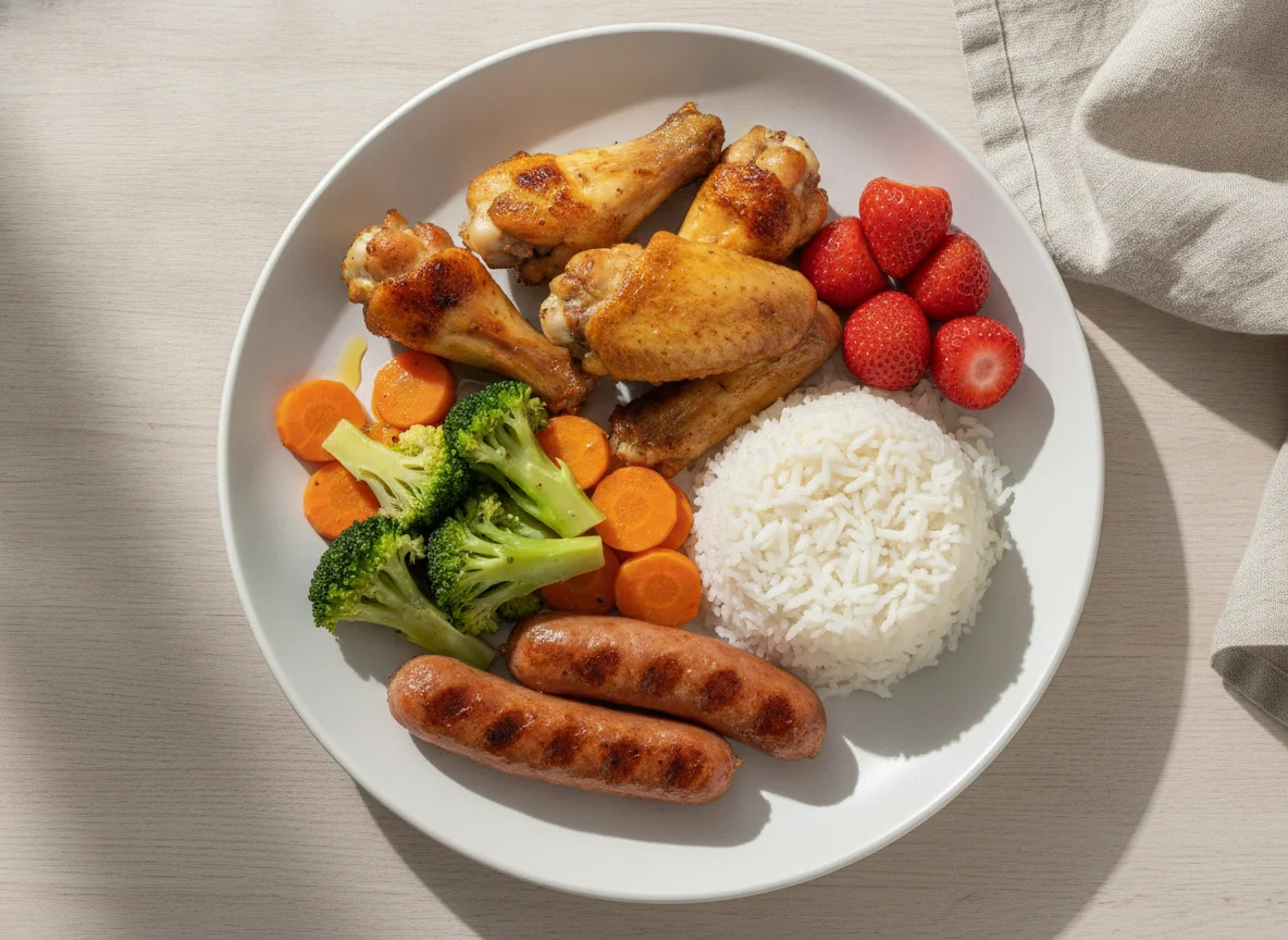 Refeição mista com frango, salsicha, arroz, legumes e morangos photo