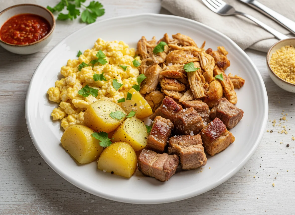 Refeição mista com ovos e carne photo