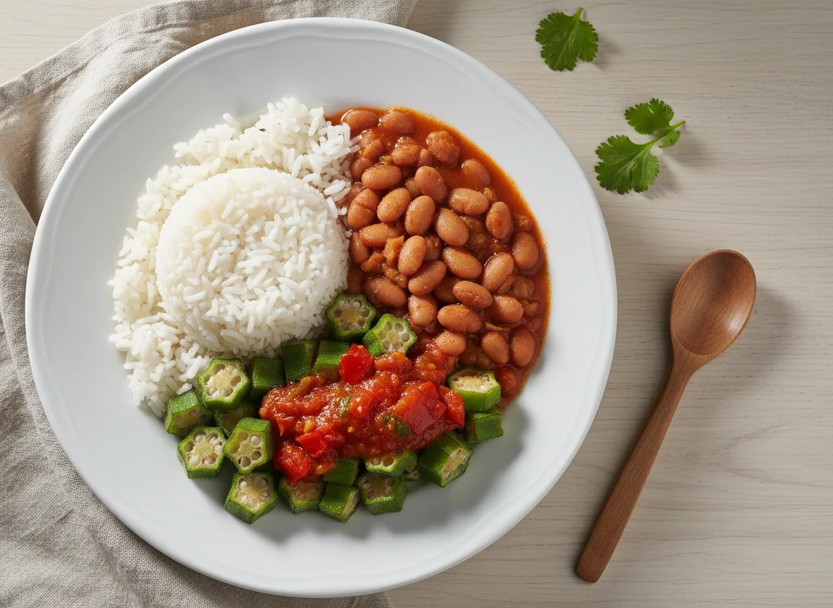 Refeição mista com quiabo e feijão photo