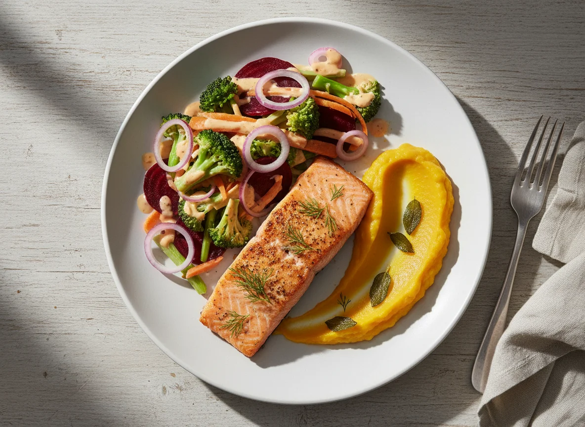 Refeição mista com salmão e salada photo