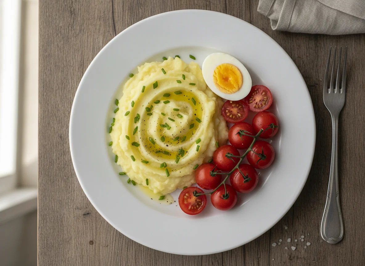 Refeição simples com purê, tomate e ovo photo