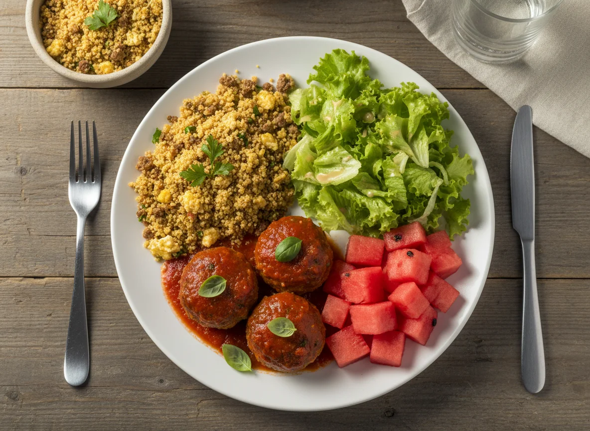 Refeição variada com farofa, salada, almôndegas e melancia photo
